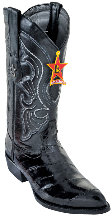 Los Altos Black Genuine All-Over Eel Skin Medium R-Toe Cowboy Boots 600805